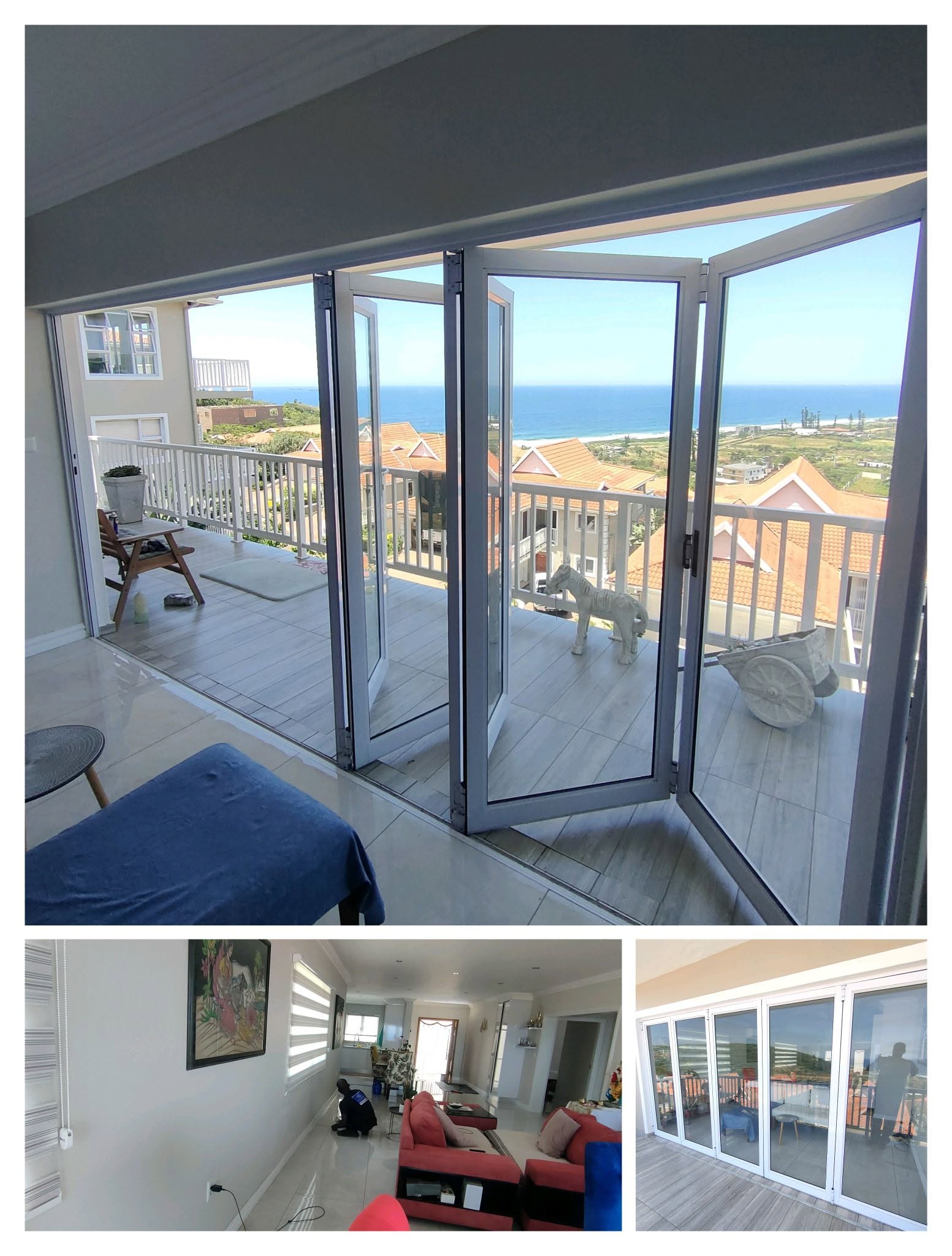 Aluminium stacking doors opening onto an ocean-view balcony, installed by SAJ in Durban